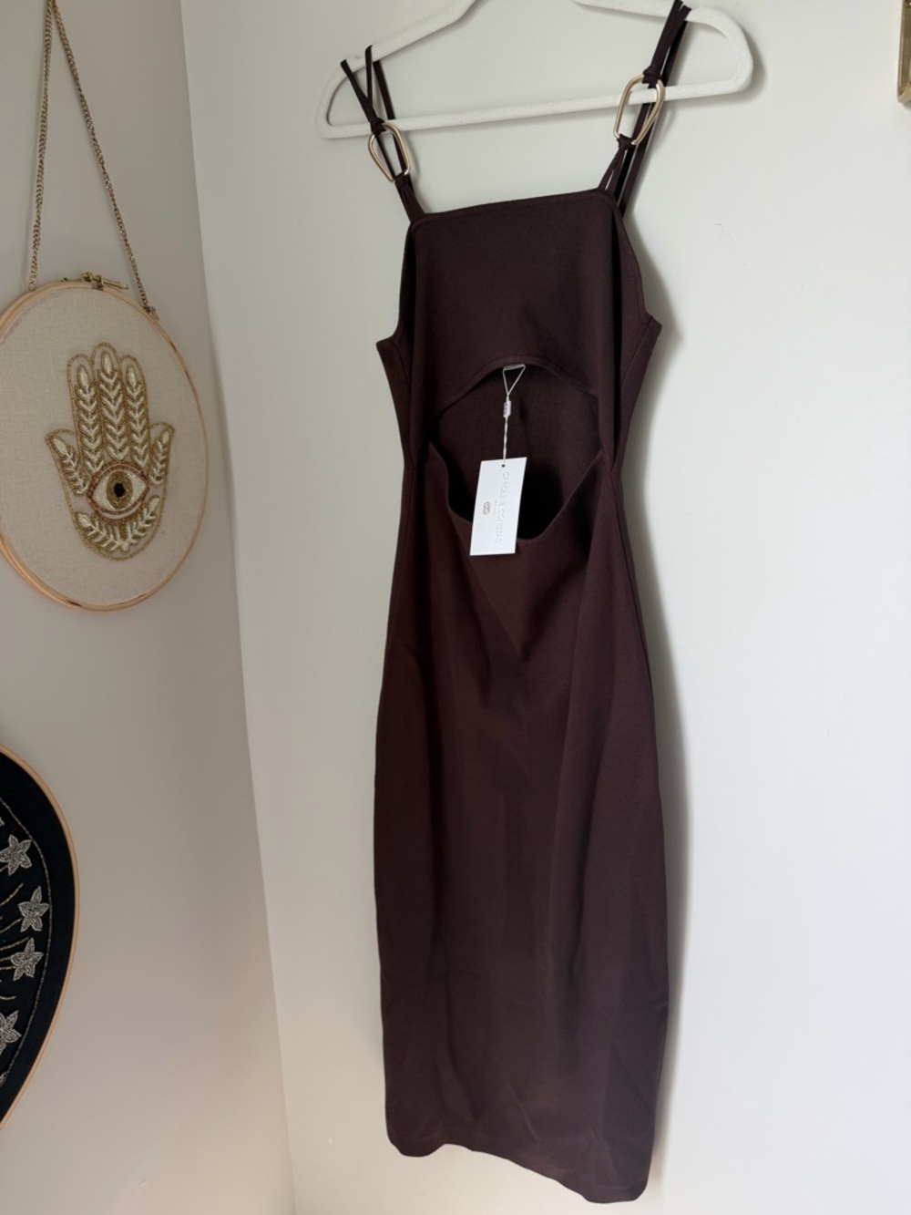 Caroline Constas Brown Cutout Bodycon midi Dress with gold accents